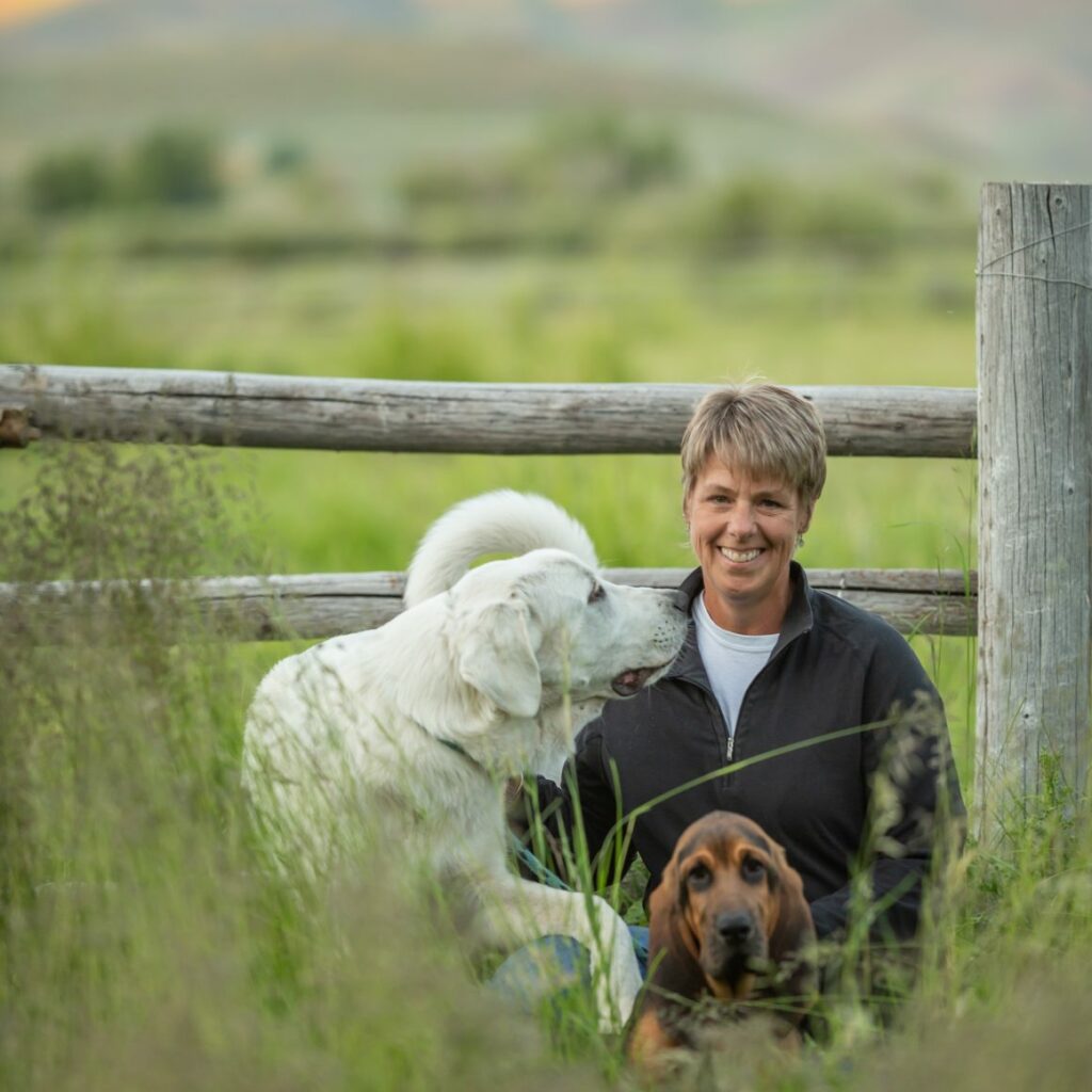 Megan McCauley sitting in a field in front of a wood fence with her two large dogs in her lap