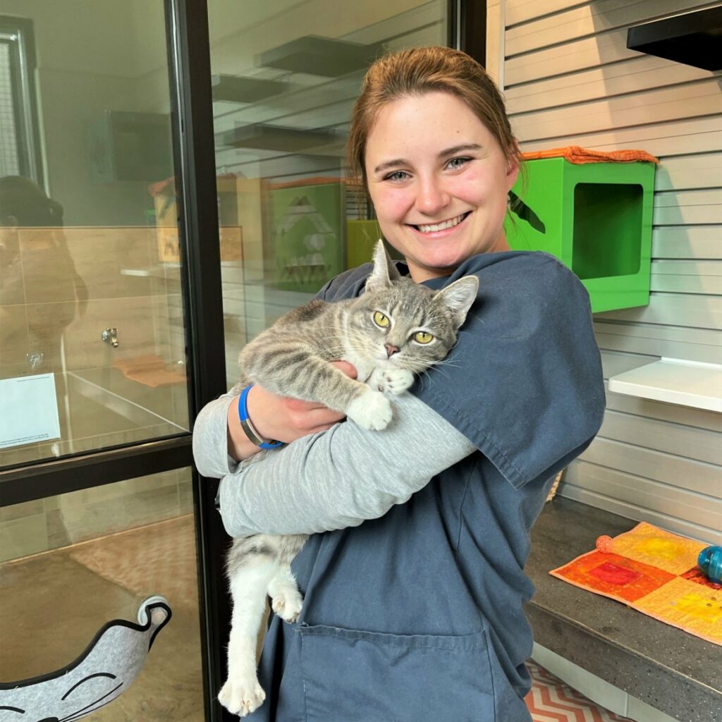 Sidney Bashaw in the cat gathering center holding a cat who is snuggling in her arms