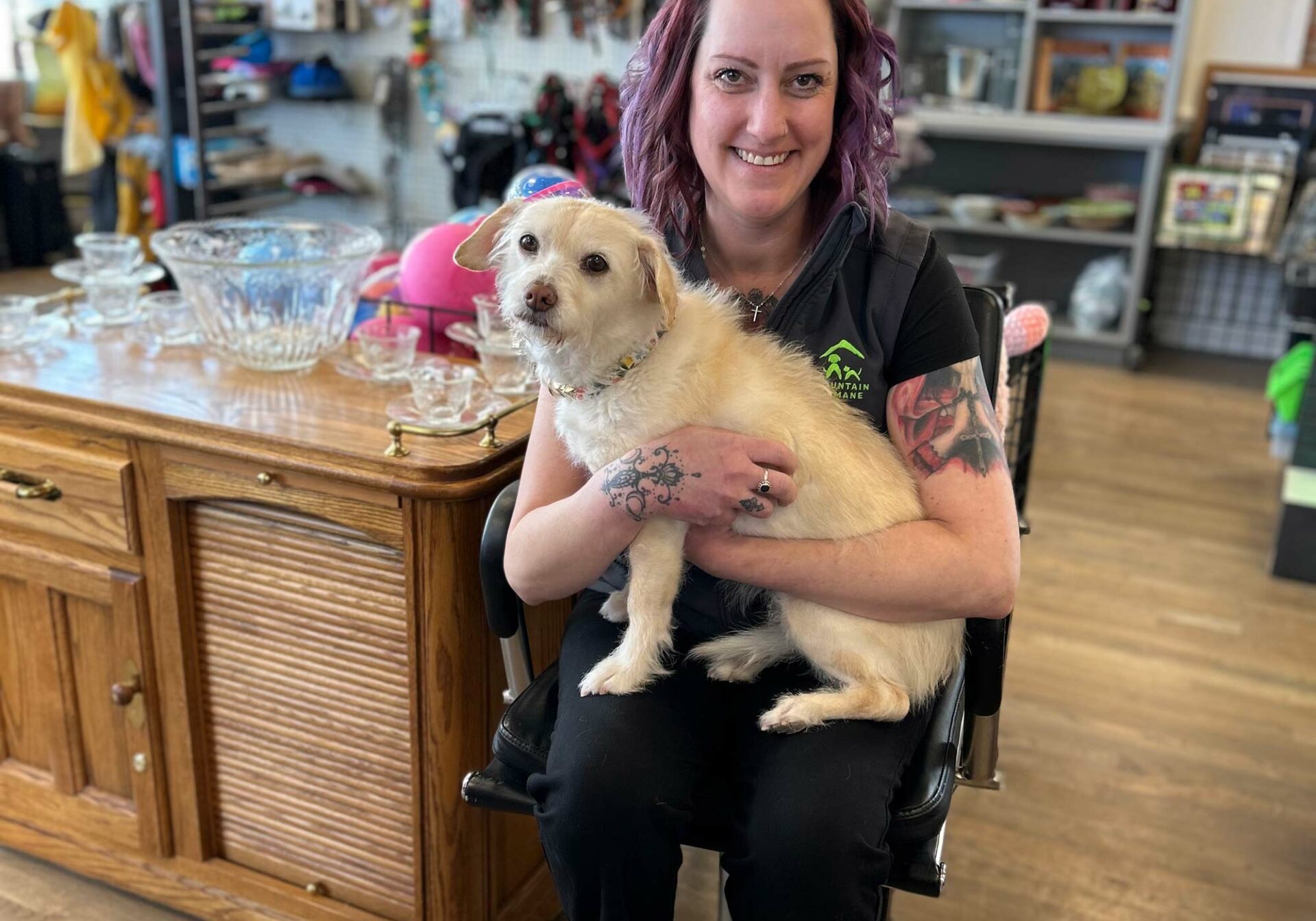 The Barkin' Thrift store employee with a scruffy dog sitting on her lap